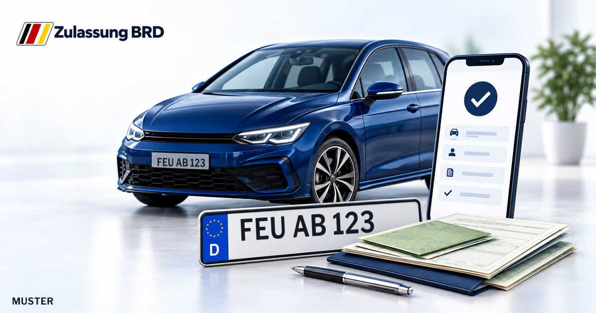 Online Fahrzeugzulassung in Feuchtwangen: Musterkennzeichen FEU AB 123, Auto und Fahrzeugpapiere und Smartphone. Illustration mit Logo von Zulassung BRD.